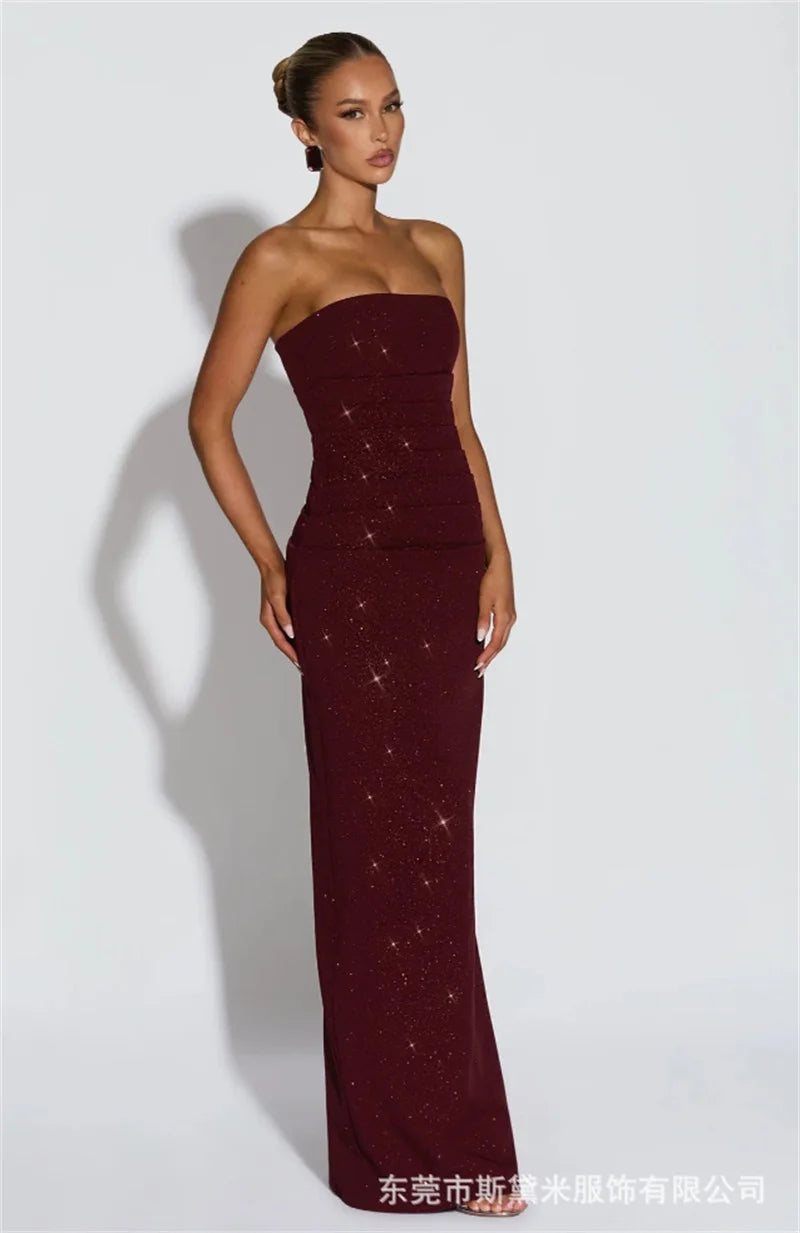 Long Scarf Prom Dress Shiny Burgundy Sexy Strapless Sleeveless Sheath Party Bridal Gown Formal Guest Wedding Birthday Robe