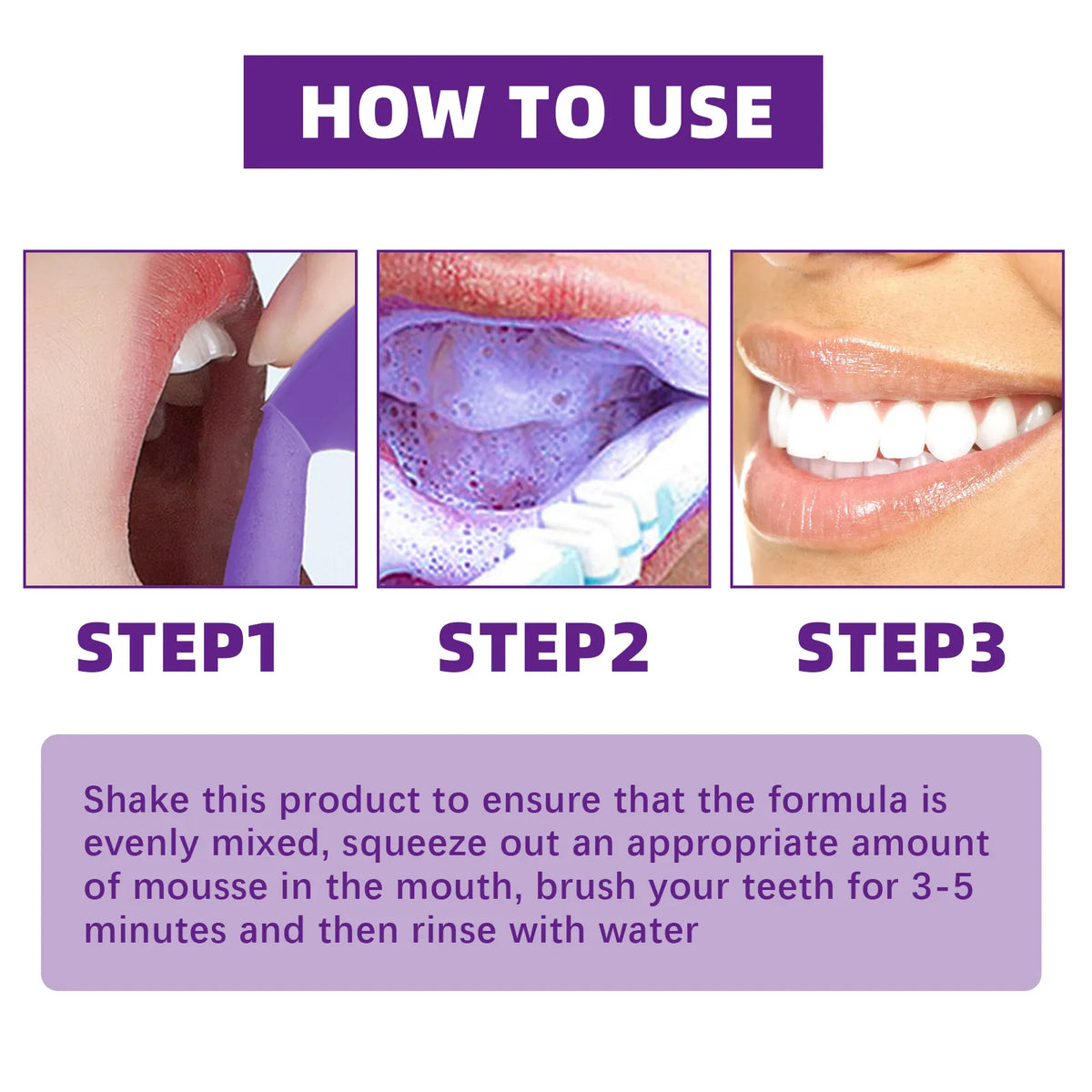 Steps on how to use a dental product with close-up images of application and results.