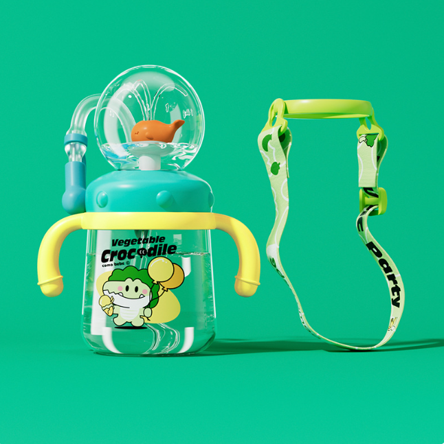Walfisch-Cartoon-Trinkflasche für Kinder mit Taucher-Fontäne – Tritan auslaufsicherer Becher (verschiedene Größen und Farben)