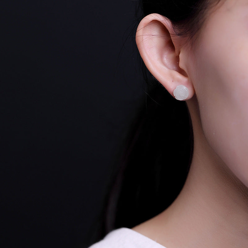 Elegant S925 Silver Jade Rose Earrings