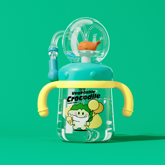 Walfisch-Cartoon-Trinkflasche für Kinder mit Taucher-Fontäne – Tritan auslaufsicherer Becher (verschiedene Größen und Farben)