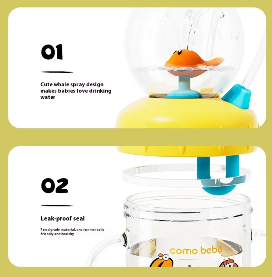 Walfisch-Cartoon-Trinkflasche für Kinder mit Taucher-Fontäne – Tritan auslaufsicherer Becher (verschiedene Größen und Farben)