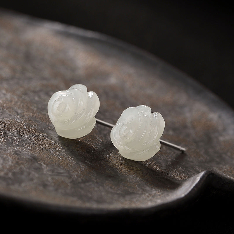 Elegant S925 Silver Jade Rose Earrings