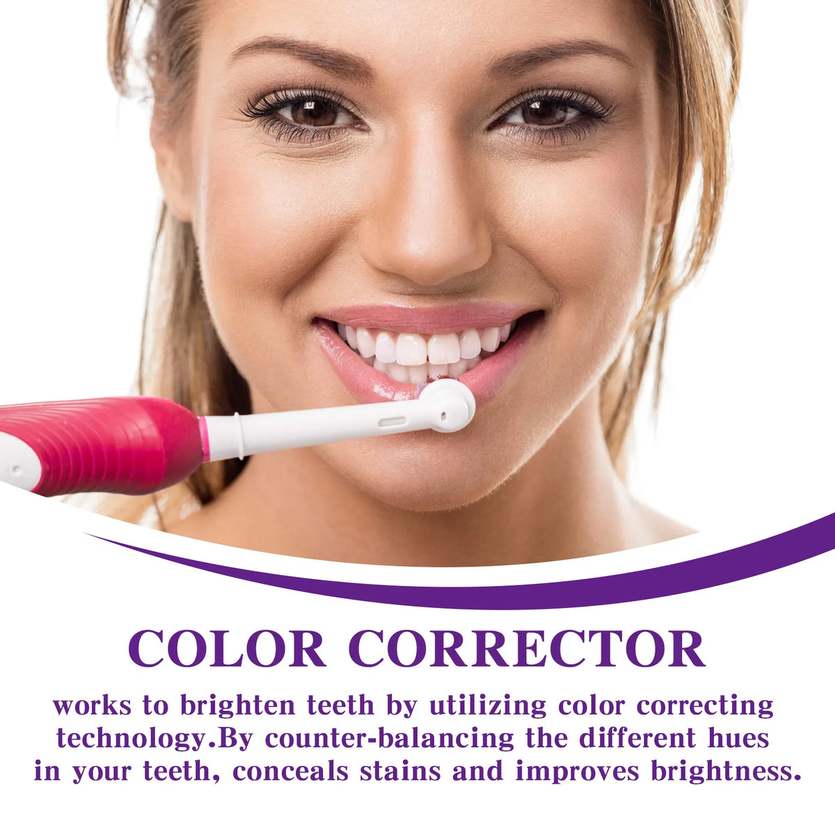 Woman using a color corrector device on her teeth with promotional text about its benefits.