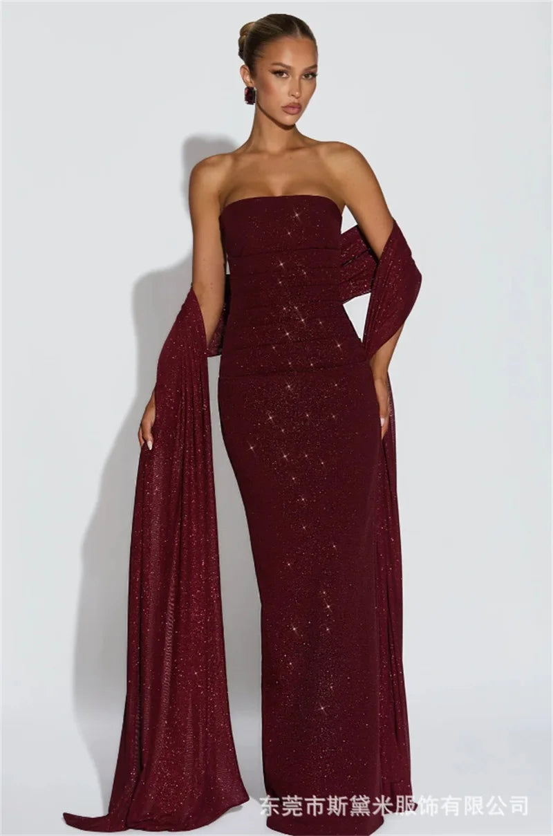 Long Scarf Prom Dress Shiny  Burgundy Sexy Strapless Sleeveless Sheath Party Bridal Gown Formal Guest Wedding Birthday Robe