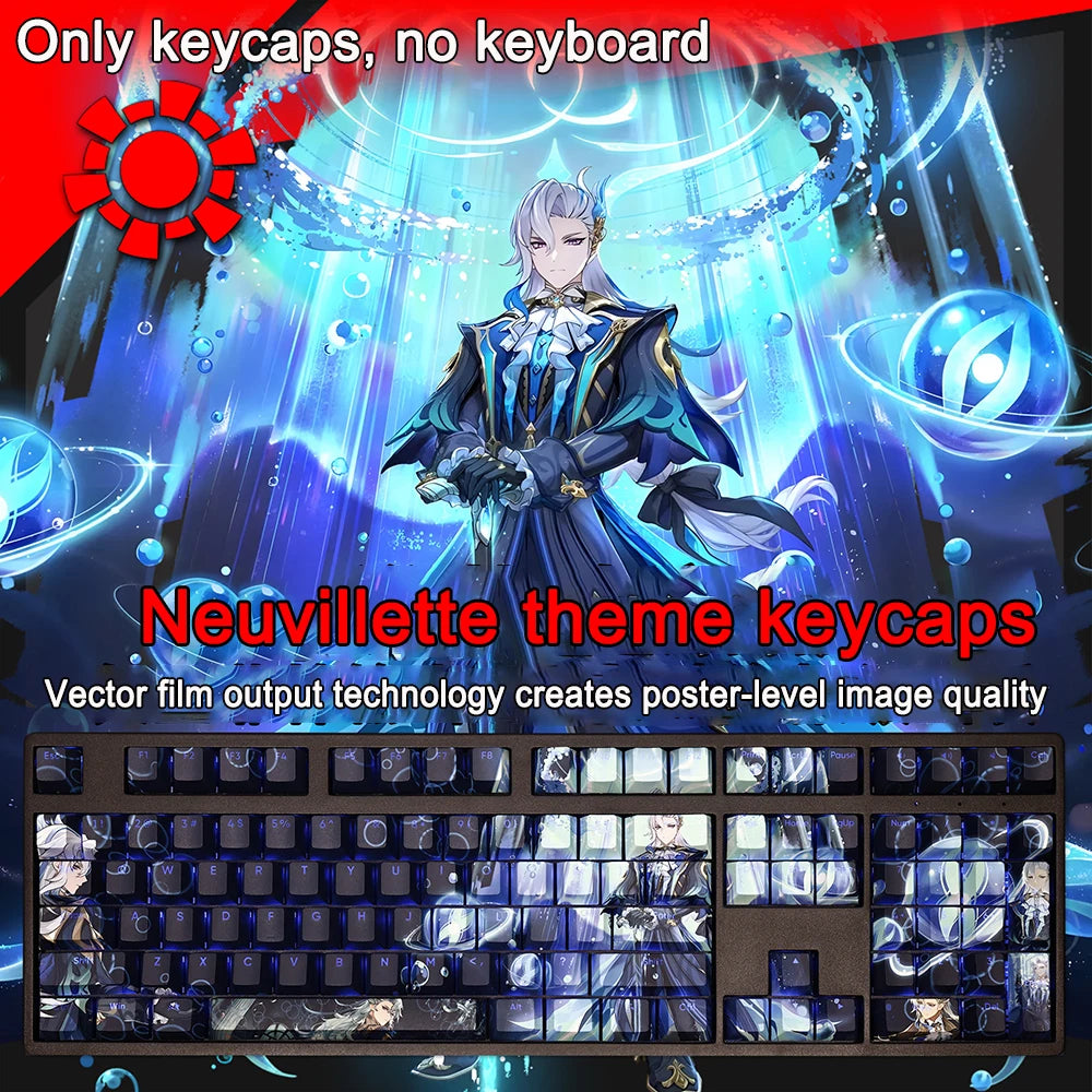 108 Keys Genshin Impact Neuvillette Keycaps PBT Dye Subbed Backlit Keycaps Anime Gaming Key Caps For ANSI 61 87 104 108 Layout