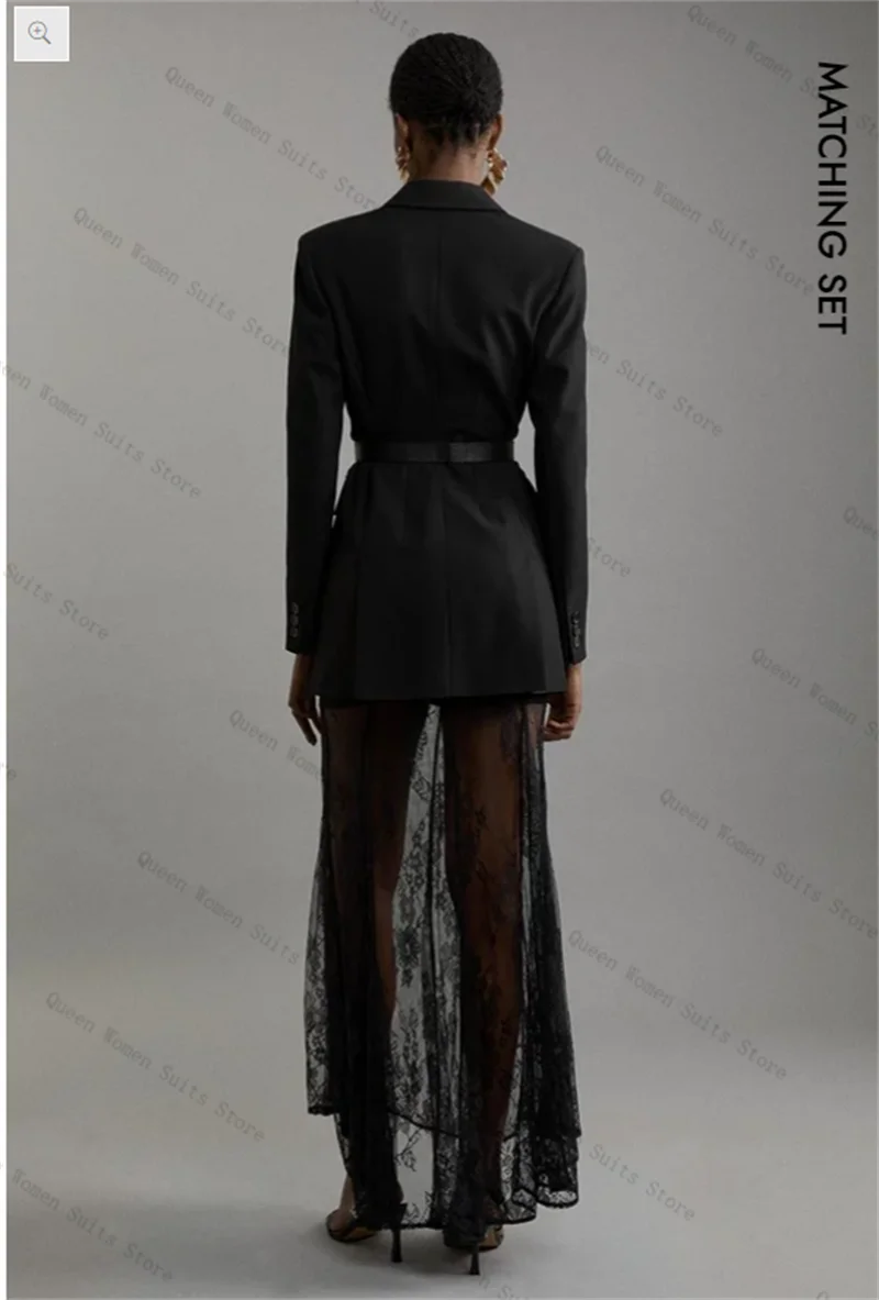 Black Lace Women Suit Set 2 Piece Blazer+Prom Dress Sexy Sheer Skirt Formal Office Lady Jacket Cotton Wedding Coat Customized