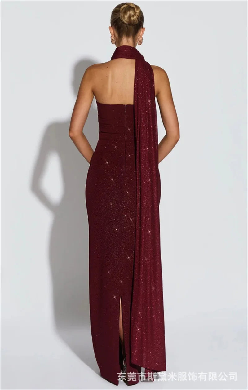 Long Scarf Prom Dress Shiny  Burgundy Sexy Strapless Sleeveless Sheath Party Bridal Gown Formal Guest Wedding Birthday Robe