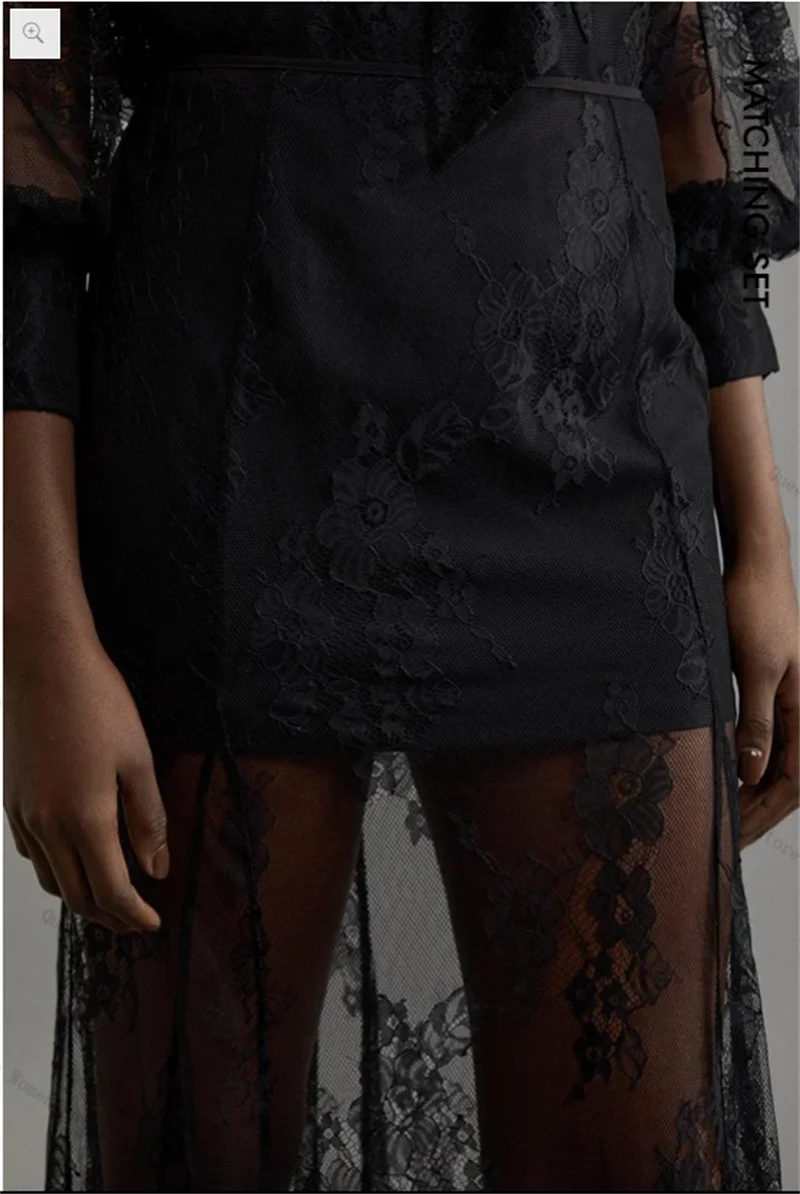 Black Lace Women Suit Set 2 Piece Blazer+Prom Dress Sexy Sheer Skirt Formal Office Lady Jacket Cotton Wedding Coat Customized