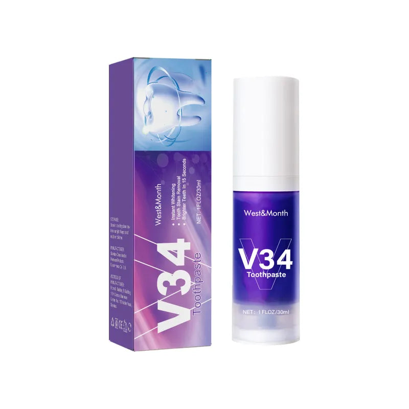 West & Month V34 toothpaste packaging and tube on a white background