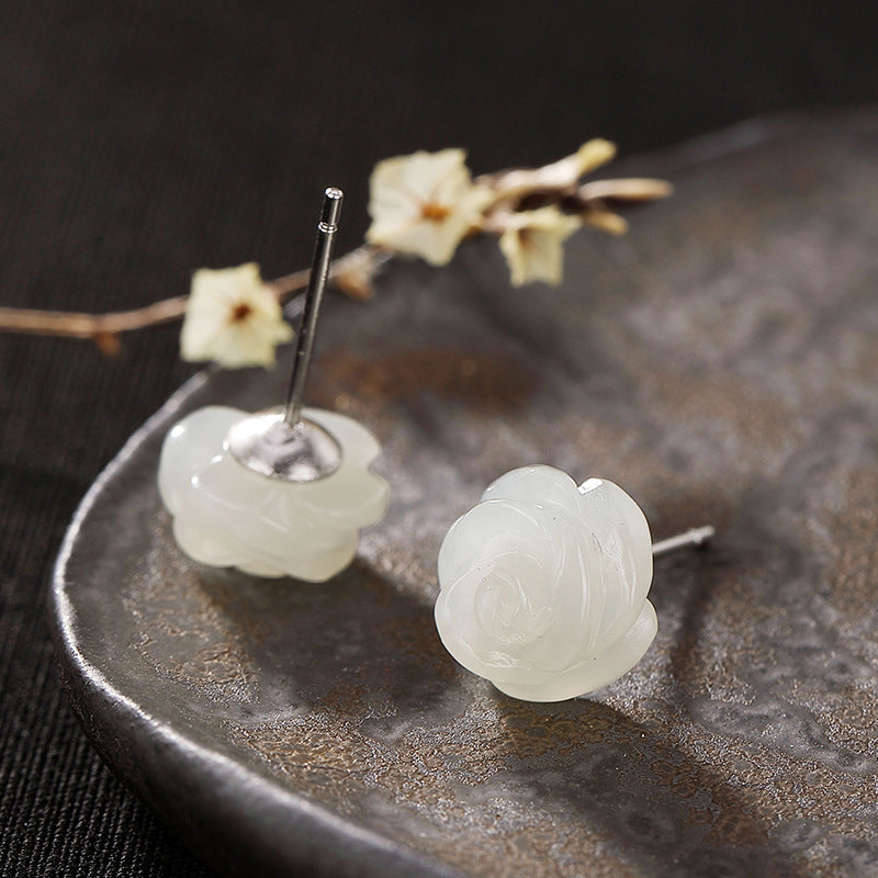 Elegant S925 Silver Jade Rose Earrings