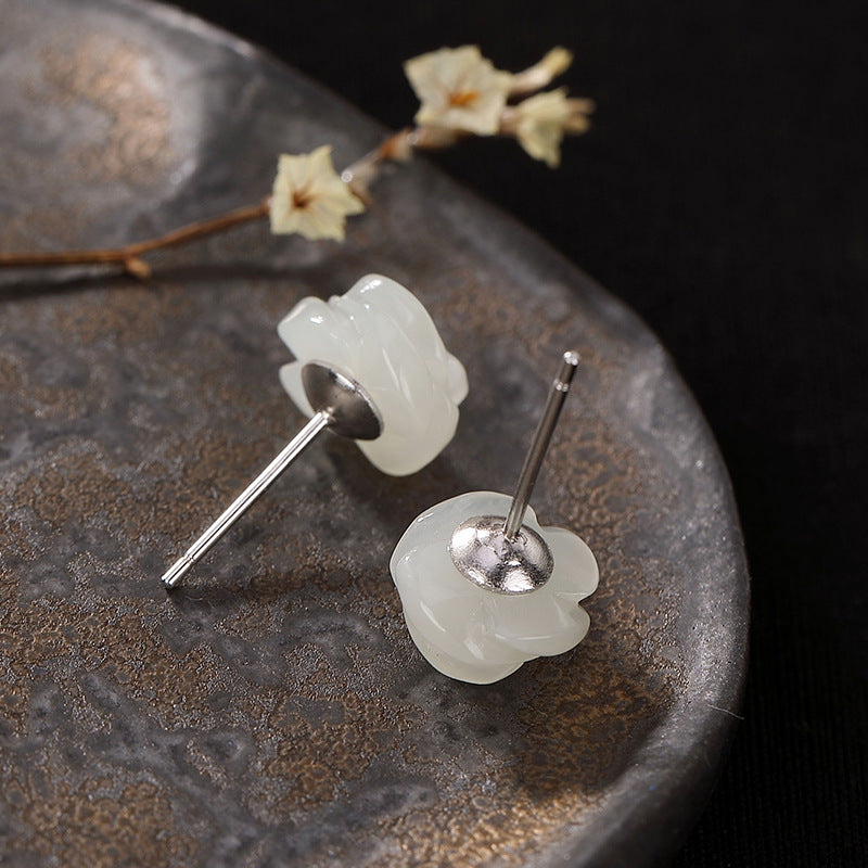 Elegant S925 Silver Jade Rose Earrings