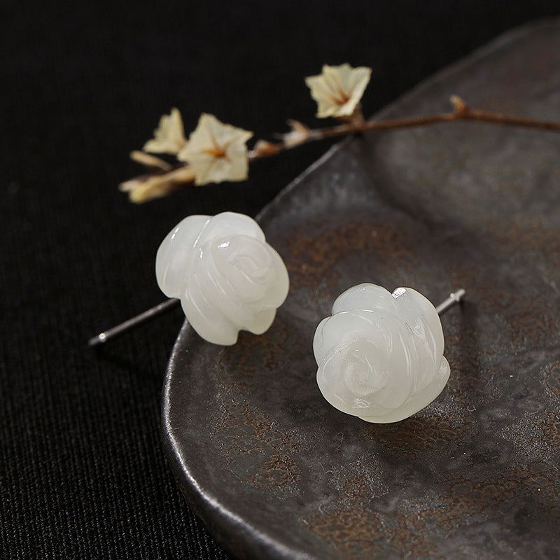 Elegant S925 Silver Jade Rose Earrings